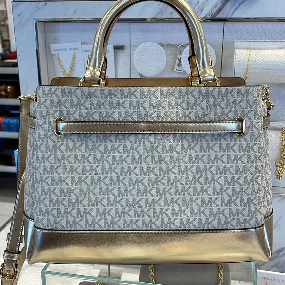 MICHAEL KORS  Reed Large Central Zip Graphic Logo Belted Satchel Pale Gold  NWT